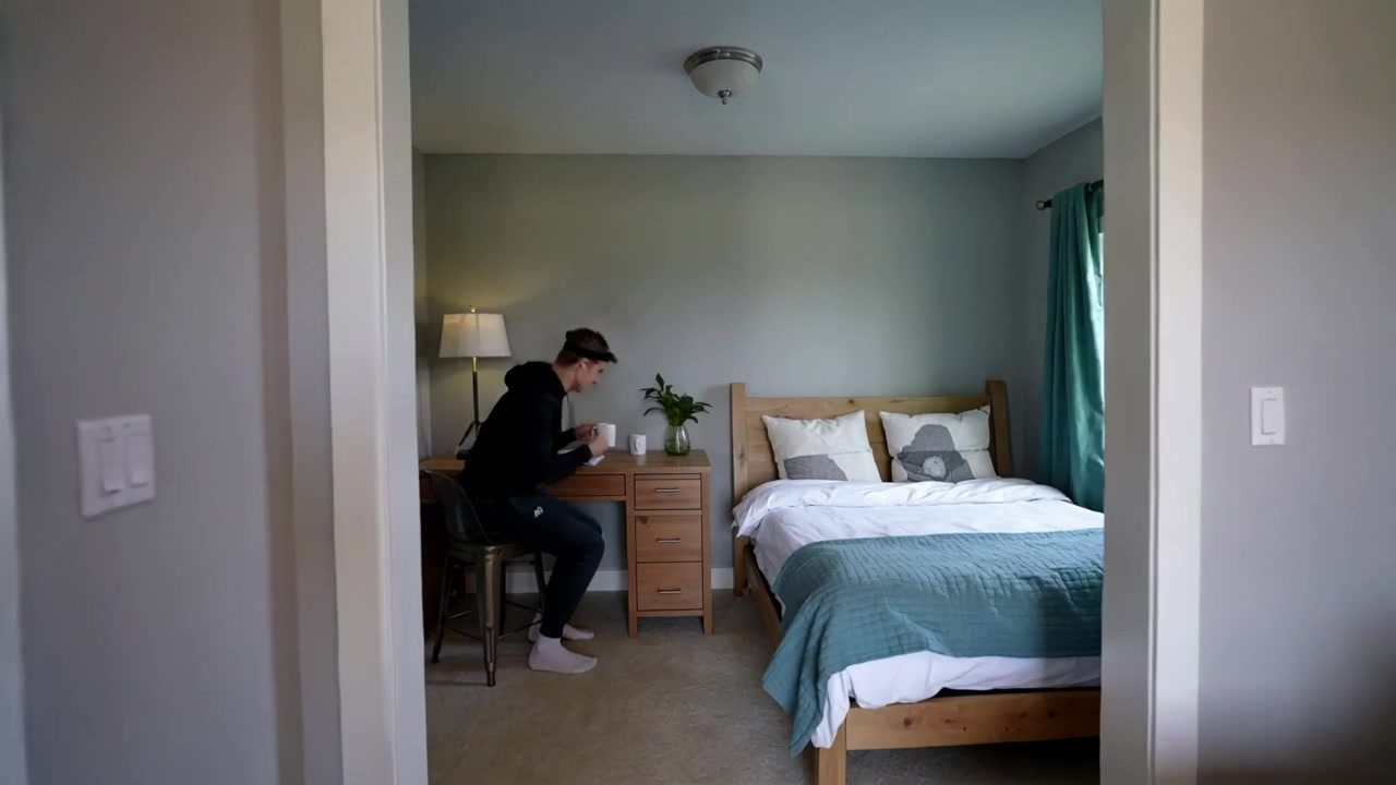 Uomo incappucciato che allunga la mano per prendere una tazza sull'isola della cucina, camminando verso la scrivania della camera da letto, posizionandola per lavorare.