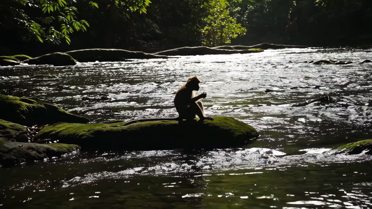 Monkey by a River in a Rainforest