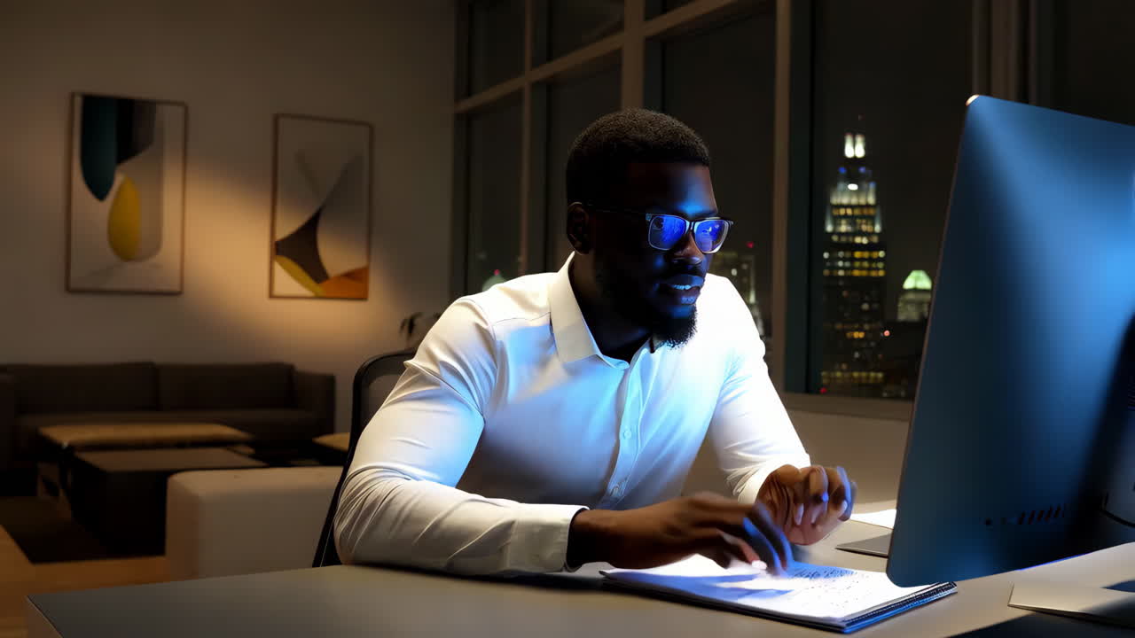 Man working late at night in home office