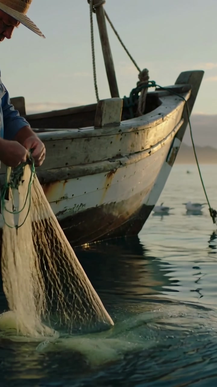 Vertical video: Dipping net straw-hat blue-shirt man hauling net on boat at sea checking catch