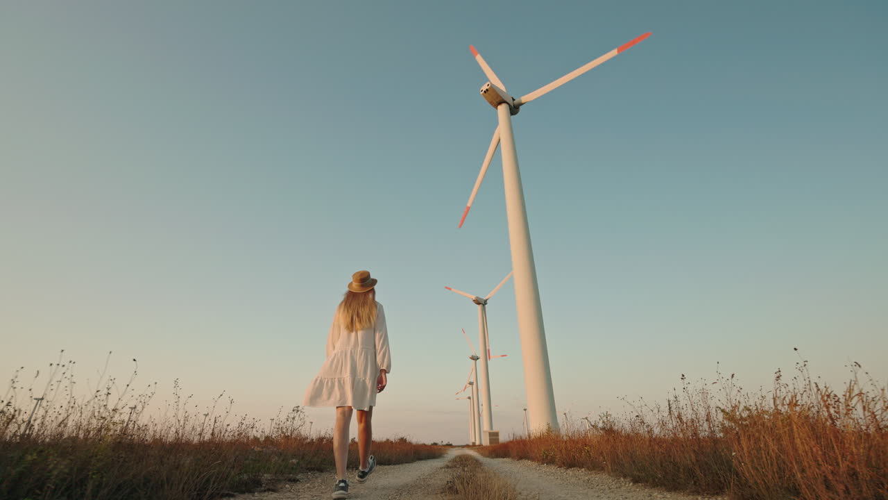 Woman Walking on Path with Wind Turbines