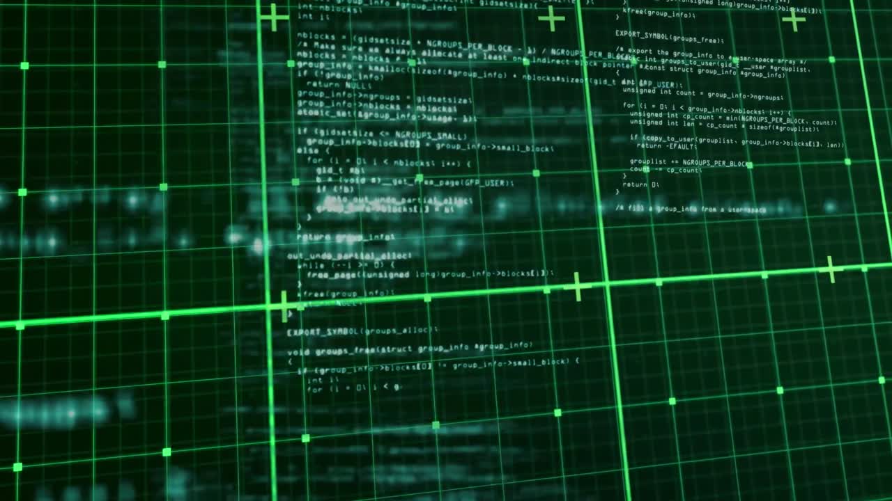 Animation of grid pattern and plus signs over computer language against abstract background