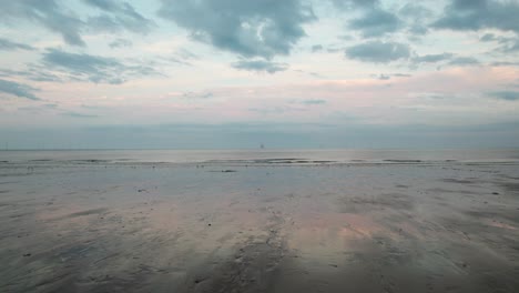 Aerial-video-footage-captures-the-beauty-of-a-sunset-beach,-where-the-wet,-gleaming-sand-meets-a-serene-purple-and-pink-ocean,-and-people-walk-with-their-dog-in-silhouette