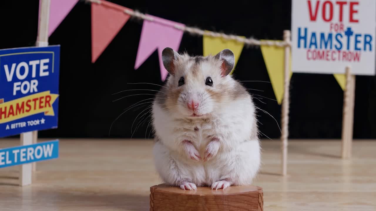 Adorable hamster standing on a small wooden platform, actively participating in an election campaign rally, surrounded by colorful flags and banners promoting its candidacy