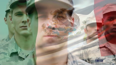 animation of flag of mexico waving over diverse soldiers