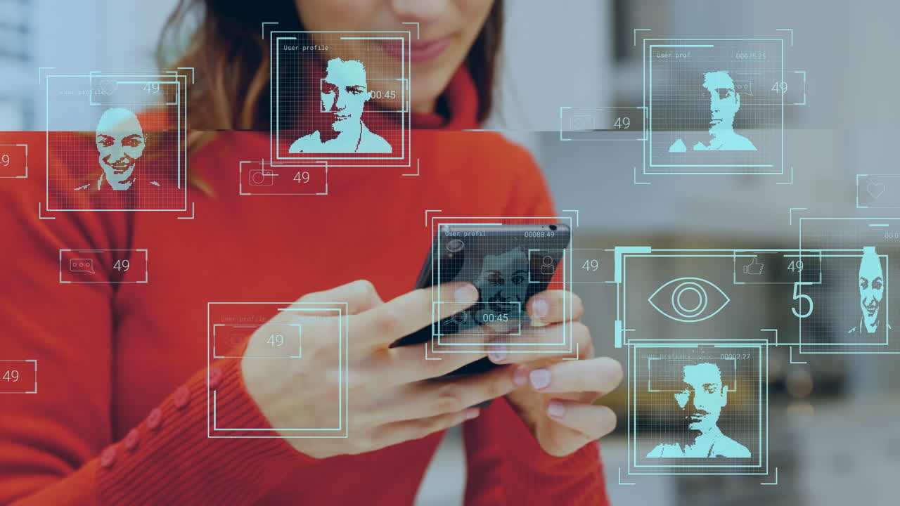 animación de la interfaz digital sobre las mujeres caucásicas que usan teléfonos inteligentes