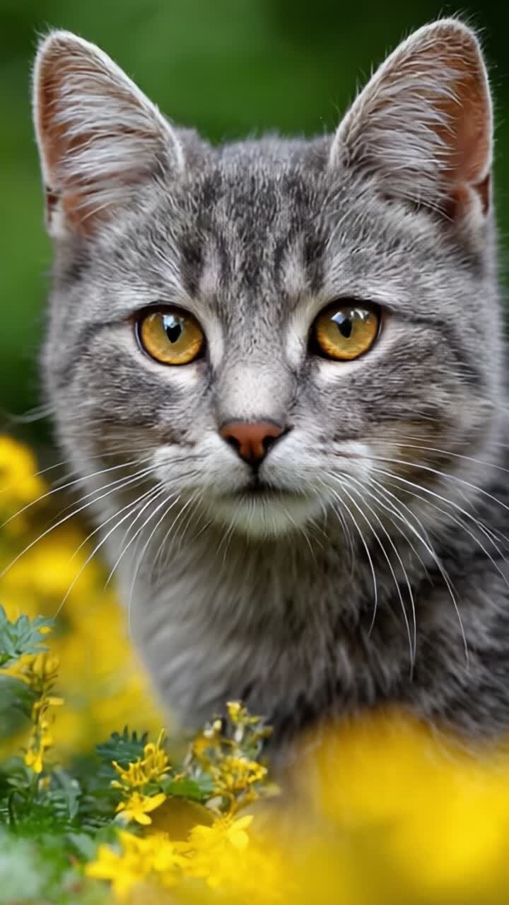 Un encantador gato gris con llamativos ojos amarillos rodeado de vibrantes flores amarillas, que captura la esencia de la belleza y la alegría de la naturaleza