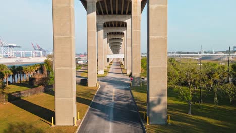 volando un dron de 4k bajo un puente con un hermoso clima soleado y palmeras en un clima tropical