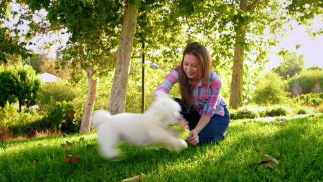 Mujer-Joven-Jugando-Con-Perro-Blanco-Con-Pelota-De-Tenis