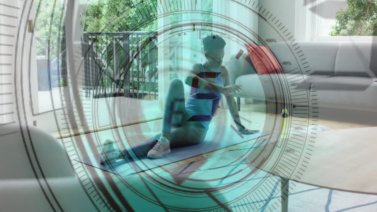 요가 매트에서 운동하는 여성, 거실에서 피트니스 추적 애니메이션을 가진 여성