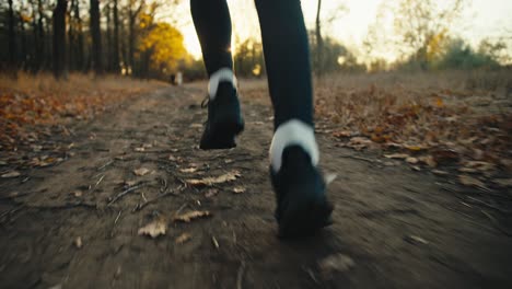 Nahaufnahme-Eines-Mannes-In-Schwarzer-Sportuniform-Und-Schwarzen-Turnschuhen,-Der-Bei-Sonnenaufgang-An-Einem-Herbstmorgen-Auf-Einem-Erdpfad-Im-Wald-Läuft,-Der-Mit-Braunen-Blättern-übersät-Ist