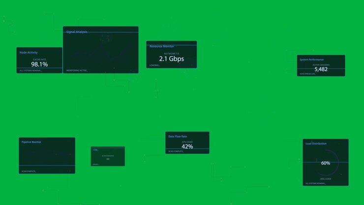 HUD di rete che si apre su sfondo trasparente, con un feed live che attiva pannelli e collegamenti puntinati che aggiornano la velocità di trasmissione