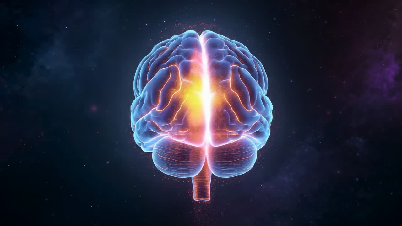 Appearing 3D brain rotating neon blue gyri and orange pathways against nebula, revealing activation