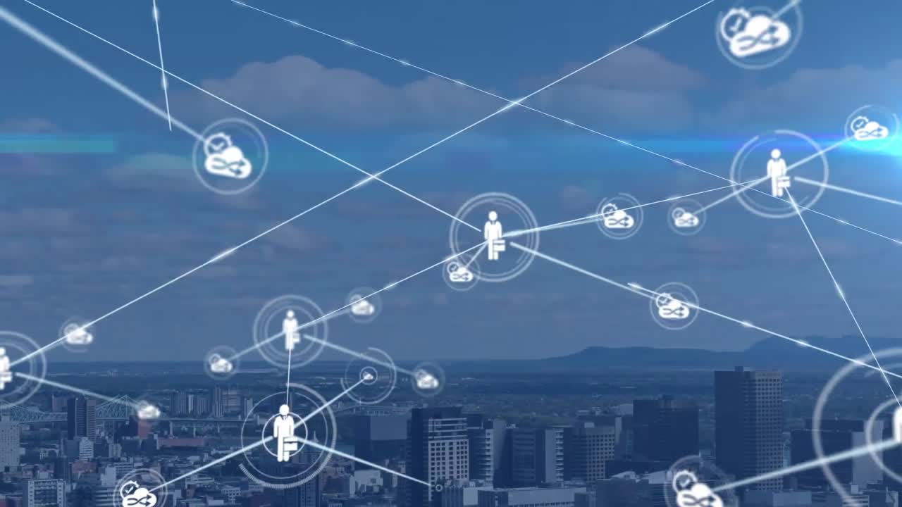 도시 풍경 위의 아이콘으로 연결된 네트워크의 애니메이션