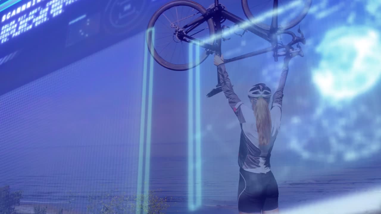 animación del procesamiento de datos sobre una mujer caucásica que lleva una bicicleta.