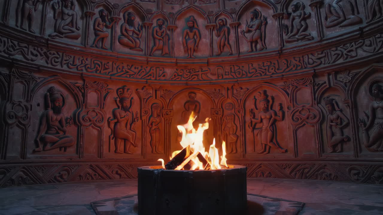 Ancient Temple Interior with Fire Pit and Carvings
