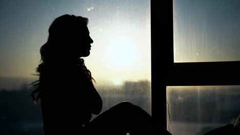 silhouette of long haired woman near window at sunset