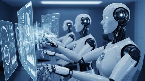 a cutting-edge robotics laboratory featuring advanced androids interfacing with digital displays to interpret data and analyze information in a modern workspace
