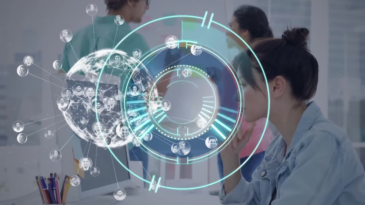 사무실의 다양한 동료들에 대한 글로벌 네트워크 및 스캐너 처리 데이터의 애니메이션