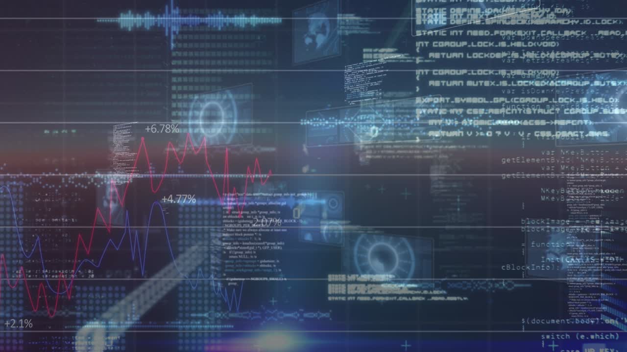 Animation of glowing interface with binary numbers and information moving on black background