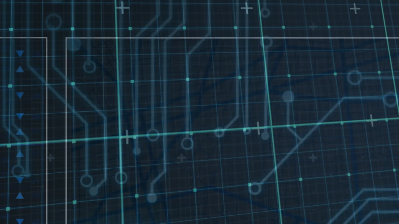 Animation of computer circuit board and data processing over grid on black background