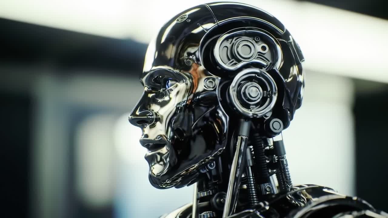 A Stunning Close-Up of a Futuristic Robot Head Showcasing its Sleek Metallic Design and Intricate Mechanical Features in a Modern Setting