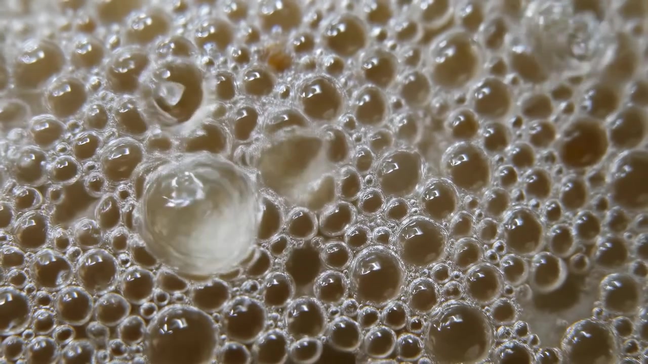 Vista frontale ravvicinata di una densa schiuma beige-marrone ricca di bolle sferiche lucide, che mostra una texture organica ripetuta, riflessi morbidi, sfocatura sottile e ricchi dettagli superficiali, con bolla, schiuma, macro