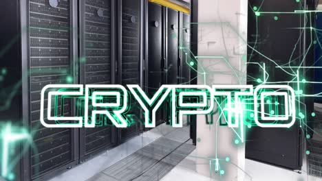 animazione di banner di testo crittografico e tracce luminose contro la sala server del computer