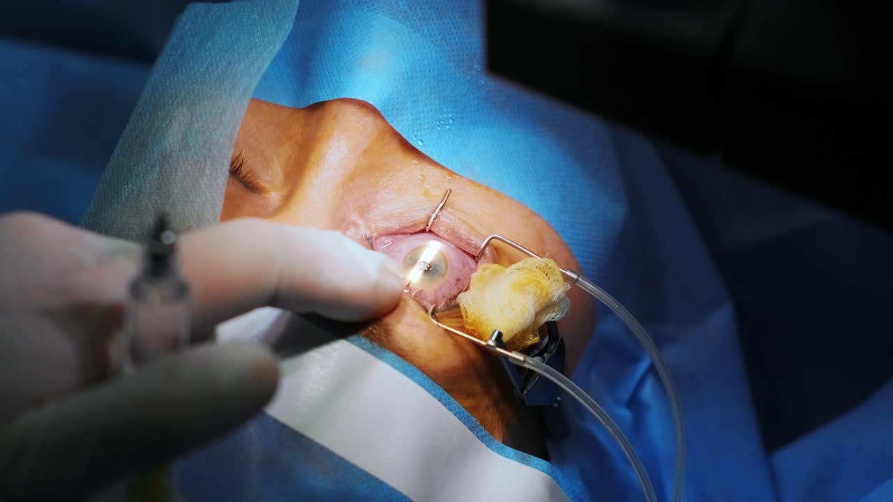 corrección de la visión con láser. un paciente y un equipo de cirujanos en la sala de operaciones durante una cirugía oftalmológica. especulo del párpado. tratamiento de lasik. paciente bajo una cubierta estéril
