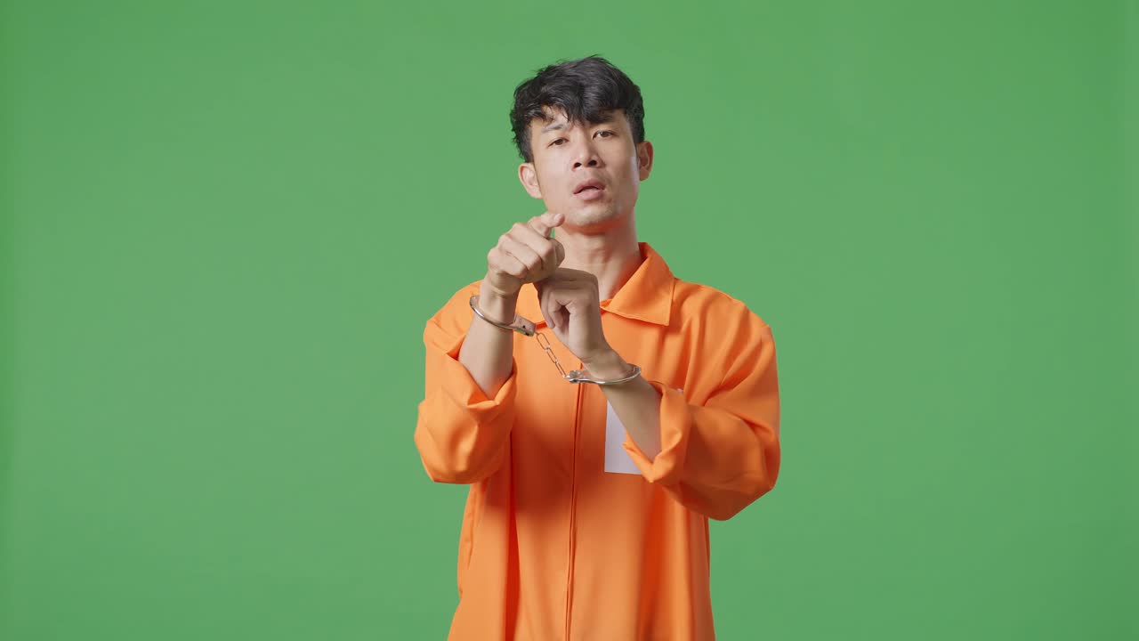손을 은 아시아 남성 수감자가 초록색 스크린 배경에 서서 손가락으로 당신을 가리키며 당신을 비난하고 비난합니다.