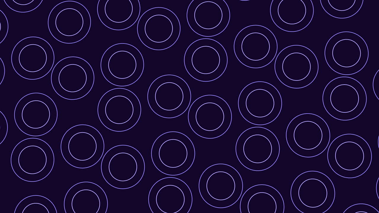 Abstract animated background with repeating glowing neon circles on dark purple backdrop, modern geometric pattern for technology, music visuals, and digital screens