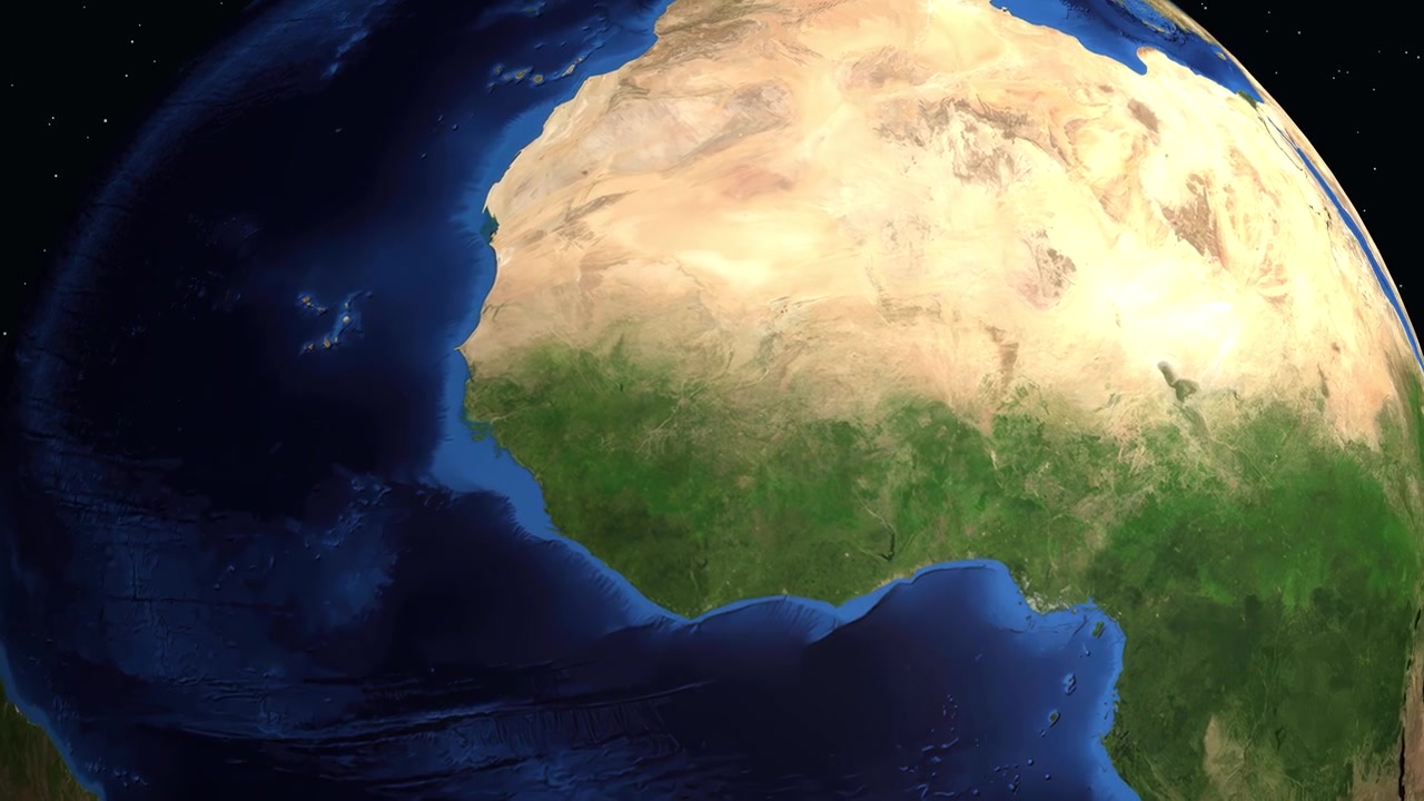 Un'animazione digitale zooma dallo spazio su Bamako, Mali, mostrando statistiche sui dati della popolazione locale