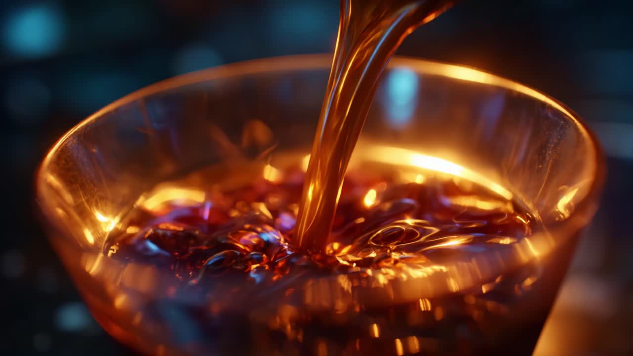 Un'ipnotica vista ravvicinata di un liquido denso che viene versato in un bicchiere, che mostra la sua consistenza liscia e il colore intenso su uno sfondo luminoso e vivace