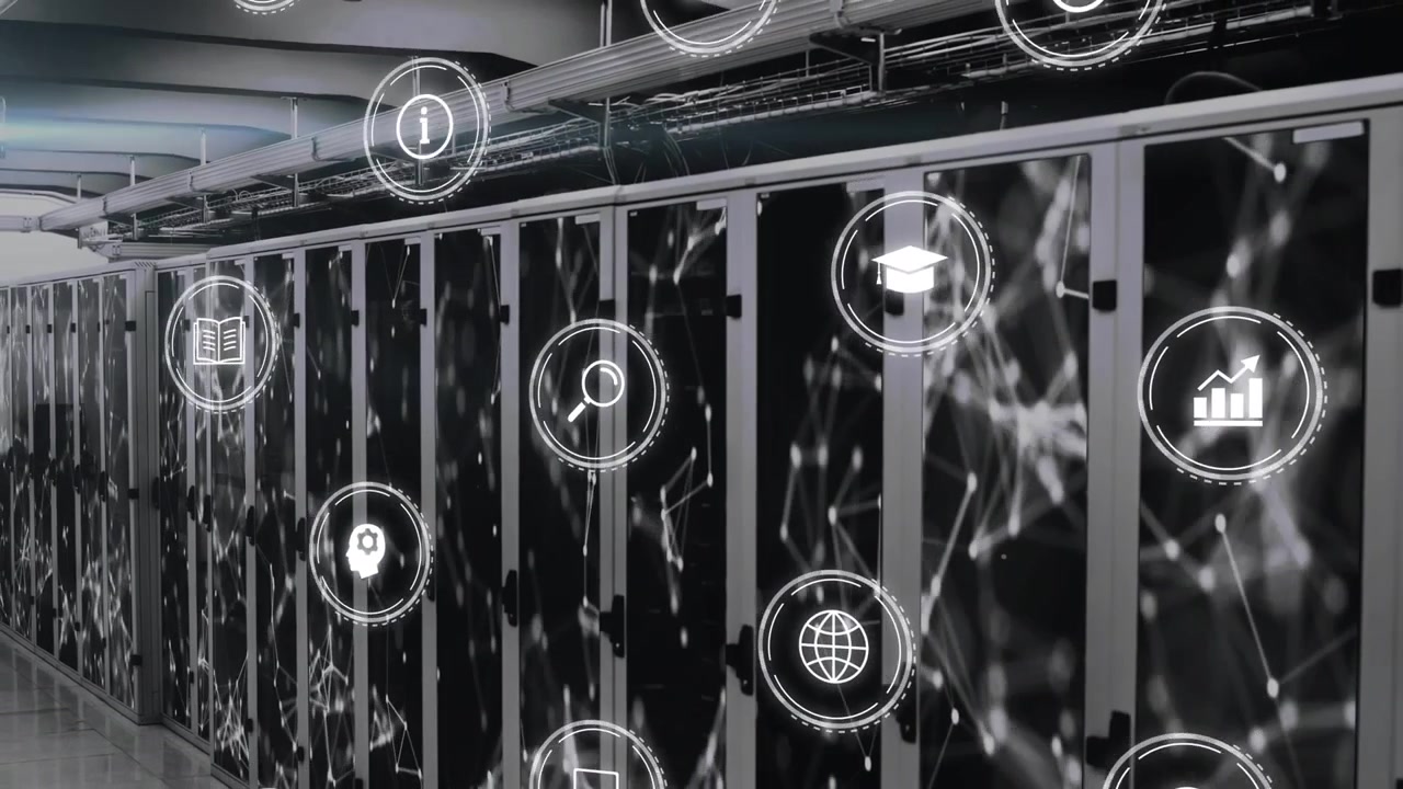 Animation of multiple digital icons and network of connections against computer server room