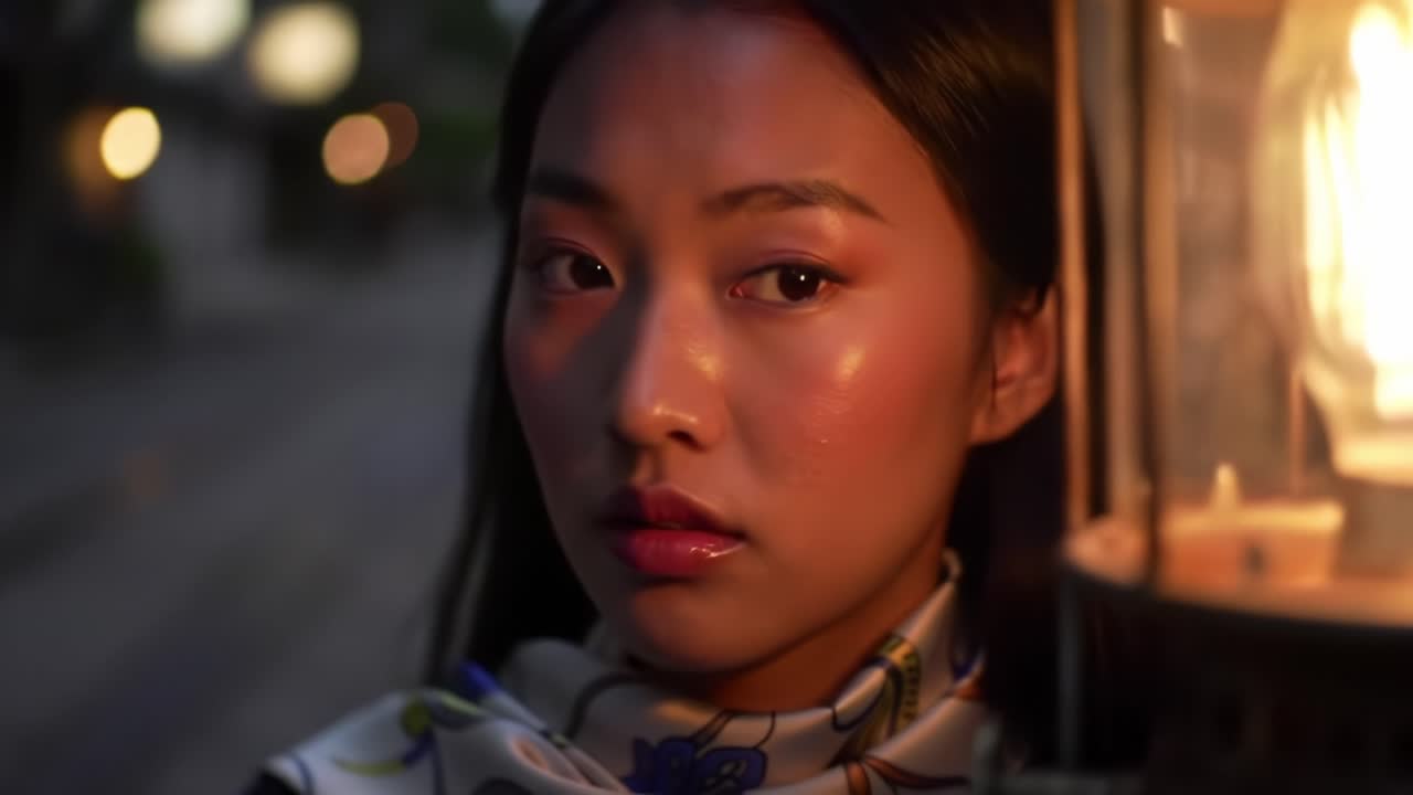 Captivating Portrait of a Young Woman Illuminated by Lantern Light, Conveying Emotions of Serenity and Mystery in a Nighttime Setting