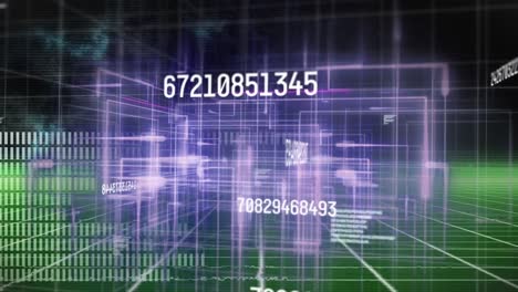 Animation-of-multiple-changing-numbers-and-purple-light-trails-over-green-grid-network