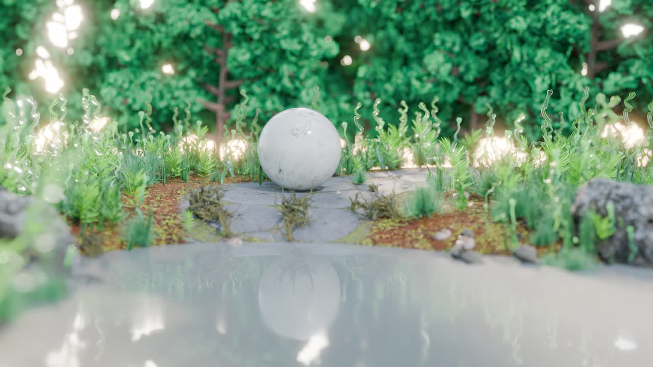 대리석 구와 함께 평화로운 숲 연못