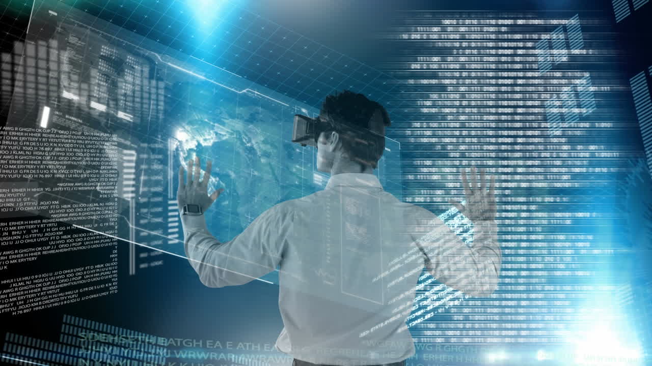 Wearing VR headset, man interacting with digital data and holographic screens over animation