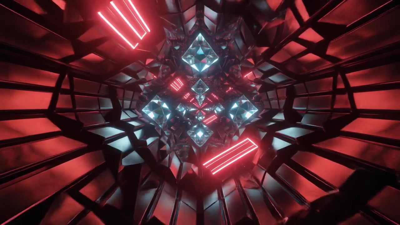 Abstract 3D Tunnel with Glowing Geometric Shapes and Red Neon Lights
