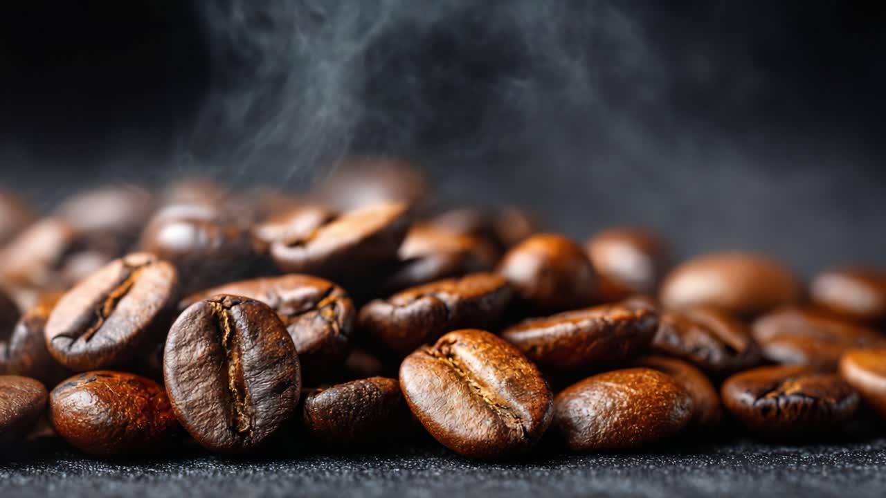 Aromatiske friskristede kaffebønner stablet på en mørk overflade med små dampskyer, der stiger op, fremviser deres rige farve og tekstur i en indbydende og varm atmosfære