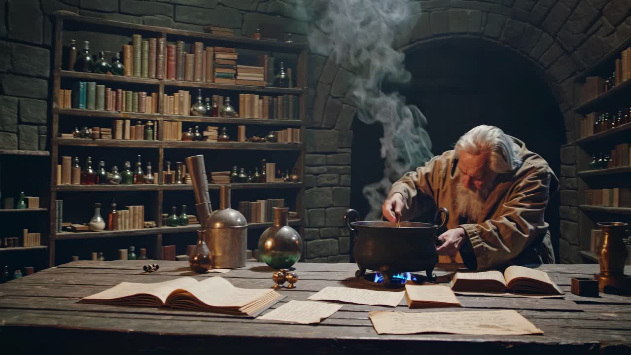 Aged alchemist in a medieval library, surrounded by books and potions, working on a potion