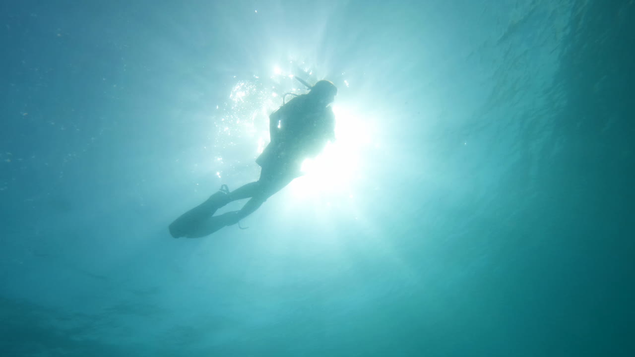 ⁇ 은 물 속의 스쿠버 다이버와 태양을 배경으로 한 영화적인 수중 촬영, 4k, 120fps, 슬로모