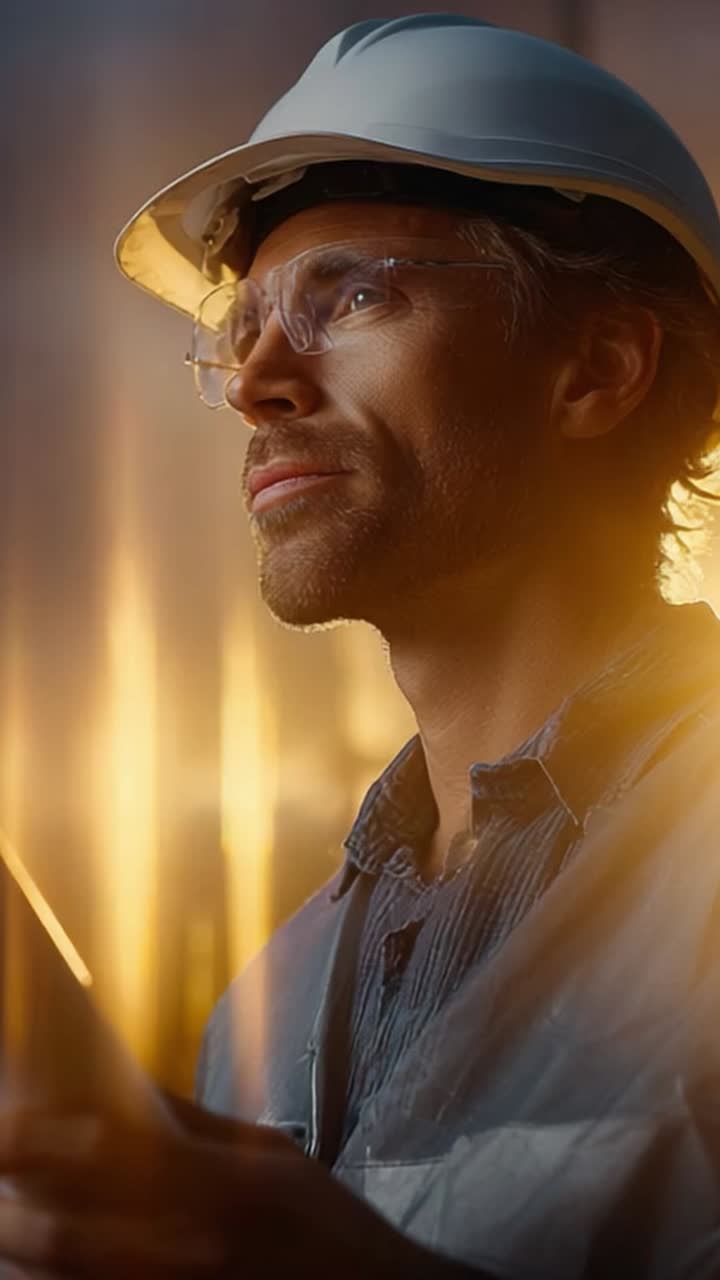A focused worker wearing a safety helmet and glasses, pondering over a digital device while surrounded by glowing industrial light, symbolizing commitment to safety and productivity