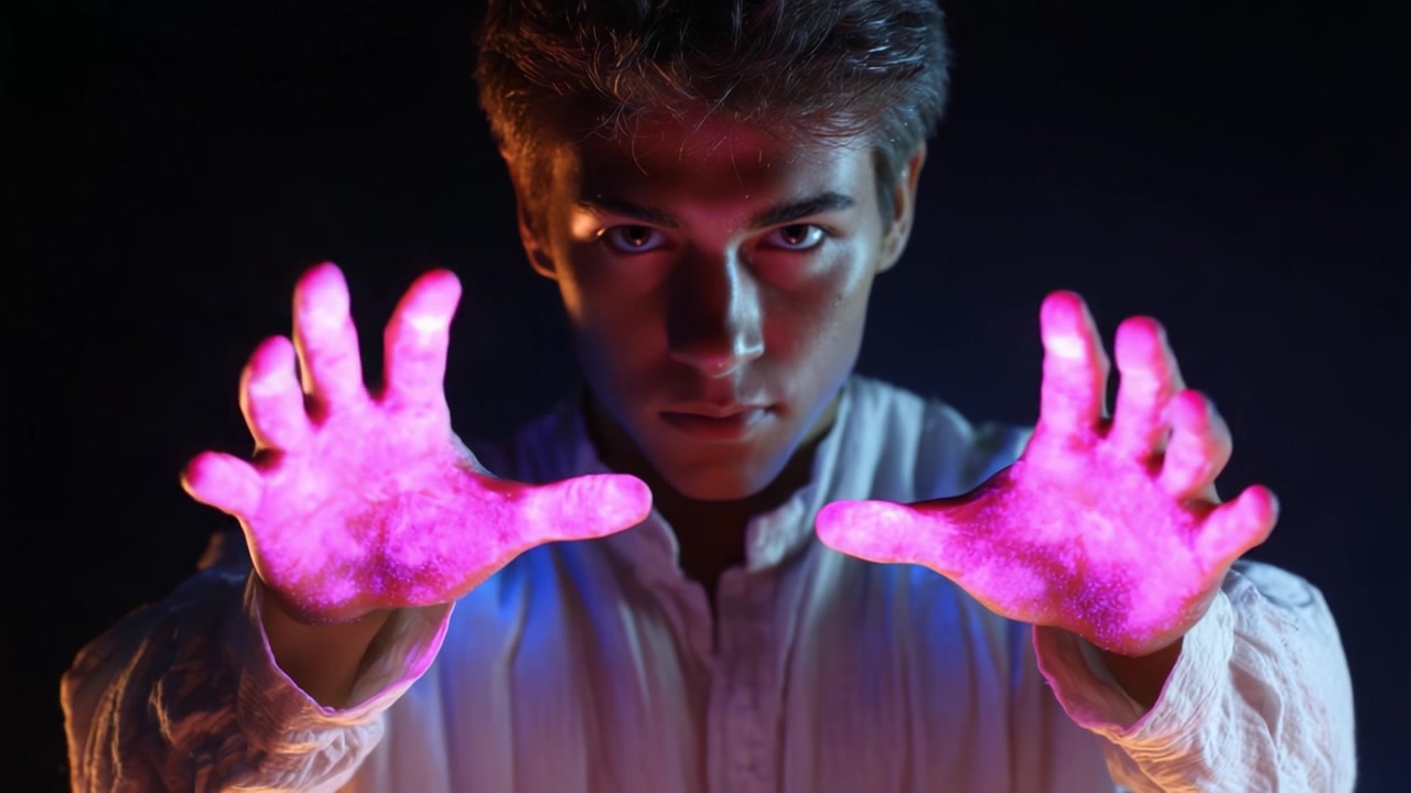 Un Giovane Uomo Mette in Mostra le Sue Abilità Mistiche con le Mani Illuminate, Dimostrando una Trasformazione Visiva Accattivante Contro uno Sfondo Scuro in Due Fotogrammi