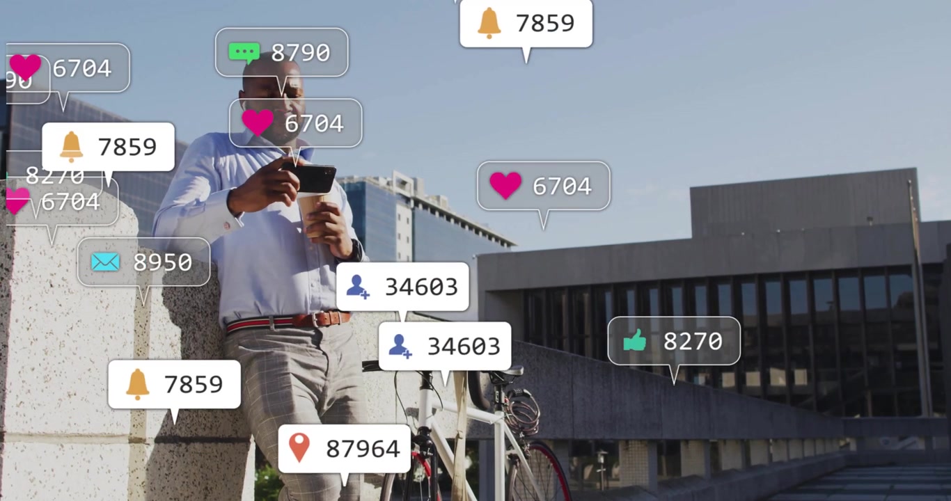 Executive leaning on rooftop scrolling phone generating social media icon swarm for tracking alerts