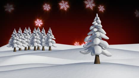 Animation-of-snow-falling-over-trees-on-red-background