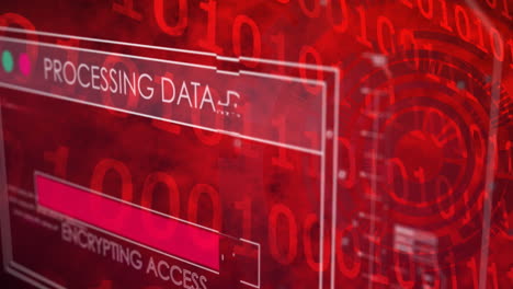 animación de la interfaz con procesamiento de datos a través de escáner redondo y codificación binaria en fondo rojo