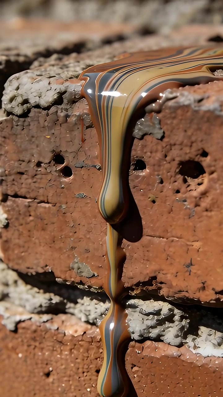Video verticale: Liquido marmorizzato che si raccoglie su una superficie di mattoni, una goccia che si allunga verso il basso, la gravità che tira
