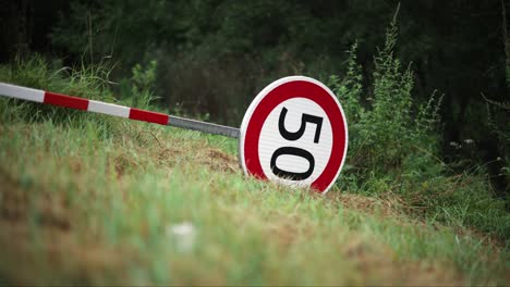 un poste de señal de límite de velocidad de 50 kilómetros cayó en un campo de hierba al lado de una carretera forestal