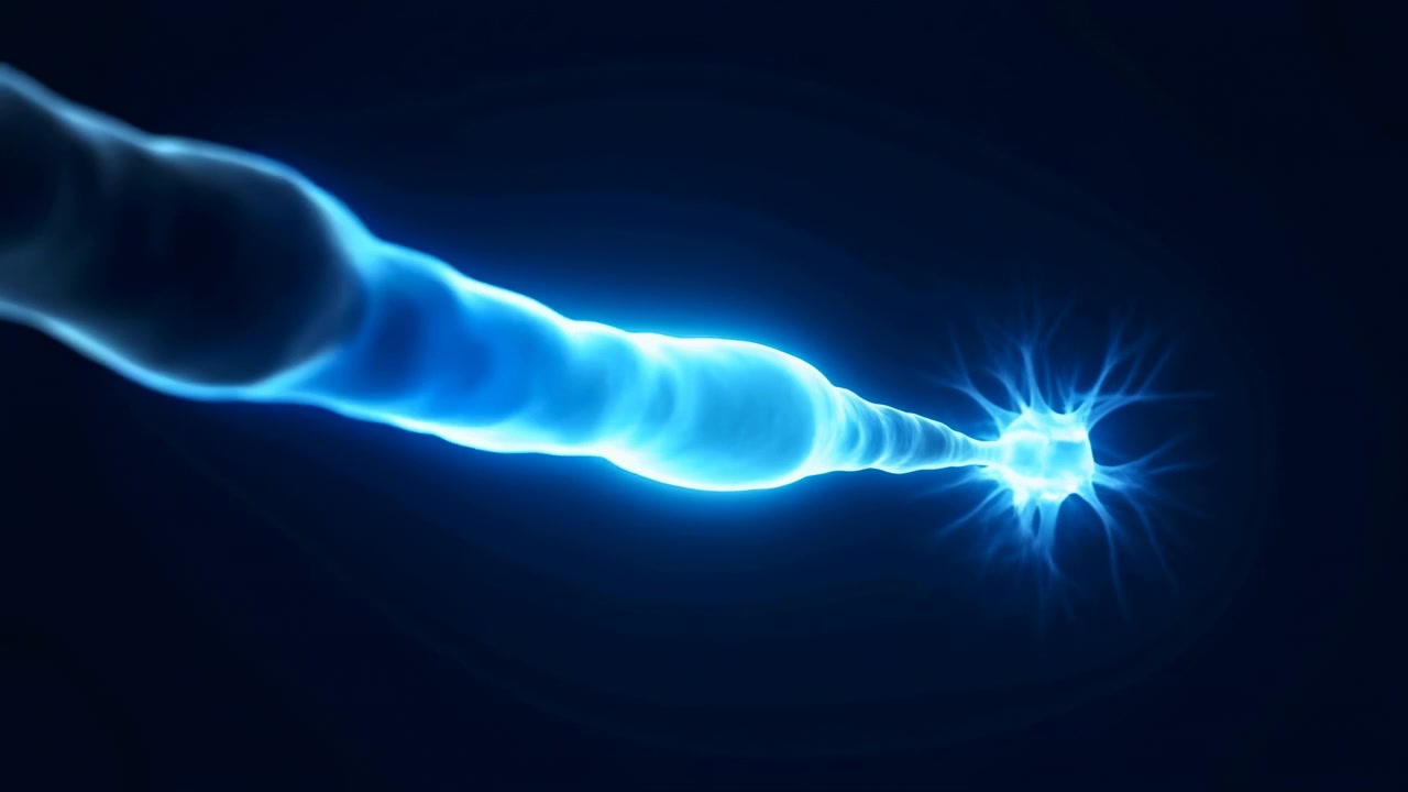 Glowing neural axon with bright synapse-like terminal in dark field, showing progressive luminescence, radiating tips, tubular form, soft depth, and clinical science concept